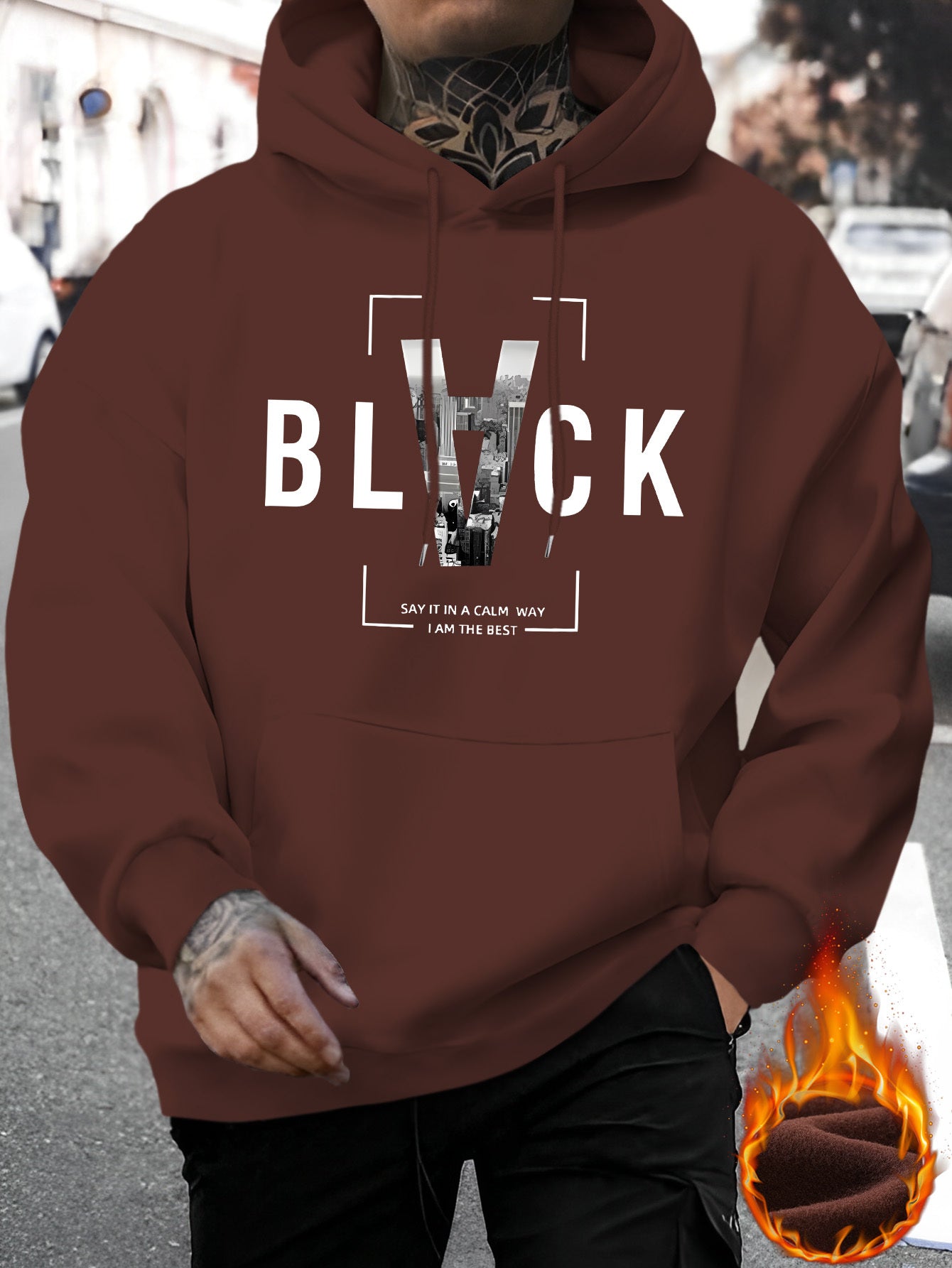 Spring and Summer Men's New Style BLACK SAY IN A CALM WAY IAM THE BEST Letter Print Casual Hoodie Fashion Drawstring Hoodie Autumn and Winter Top Comfortable and Versatile Long Sleeve Hoodie with Hat (Niu Wang Selection)