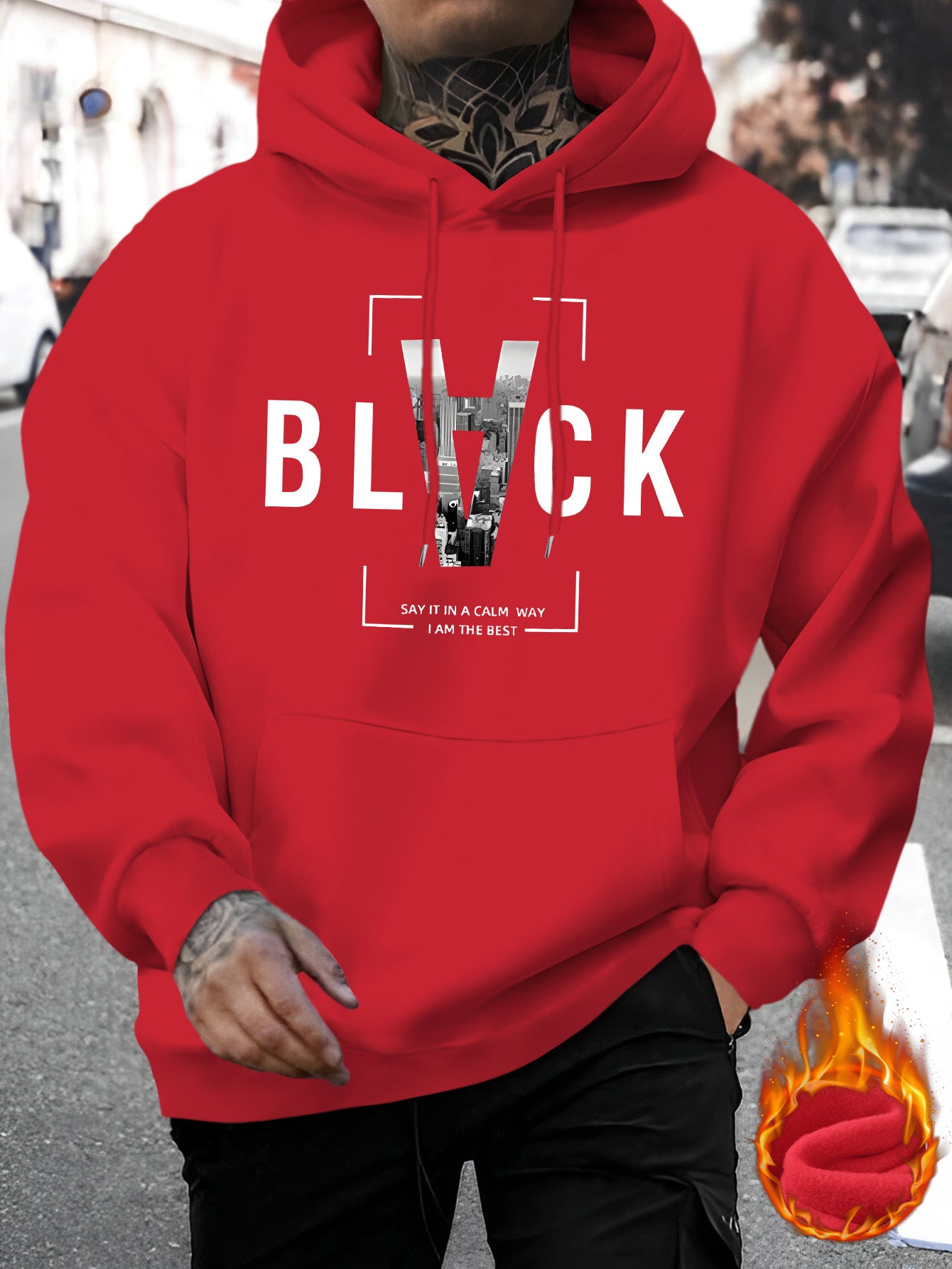 Spring and Summer Men's New Style BLACK SAY IN A CALM WAY IAM THE BEST Letter Print Casual Hoodie Fashion Drawstring Hoodie Autumn and Winter Top Comfortable and Versatile Long Sleeve Hoodie with Hat (Niu Wang Selection)