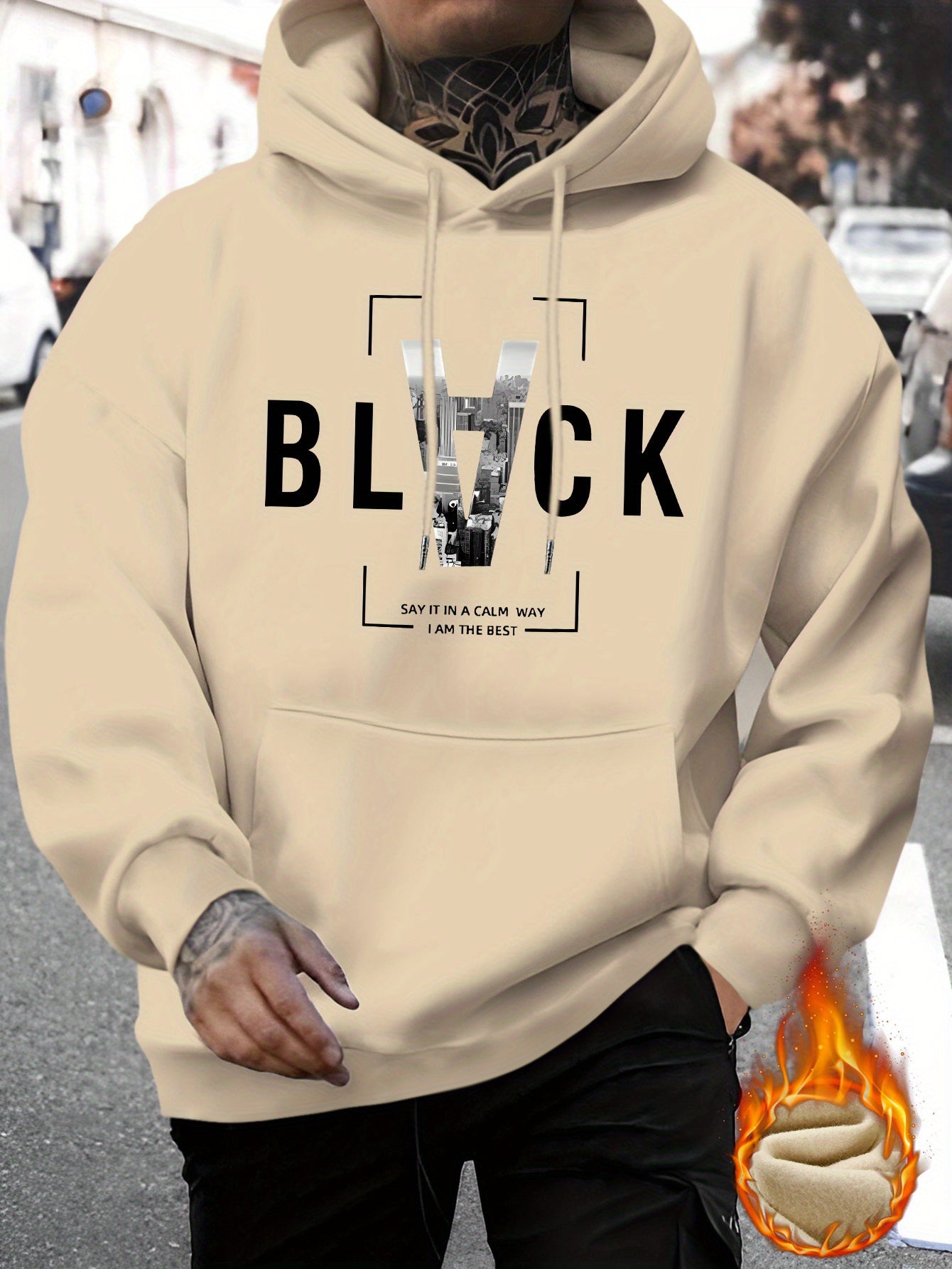 Spring and Summer Men's New Style BLACK SAY IN A CALM WAY IAM THE BEST Letter Print Casual Hoodie Fashion Drawstring Hoodie Autumn and Winter Top Comfortable and Versatile Long Sleeve Hoodie with Hat (Niu Wang Selection)