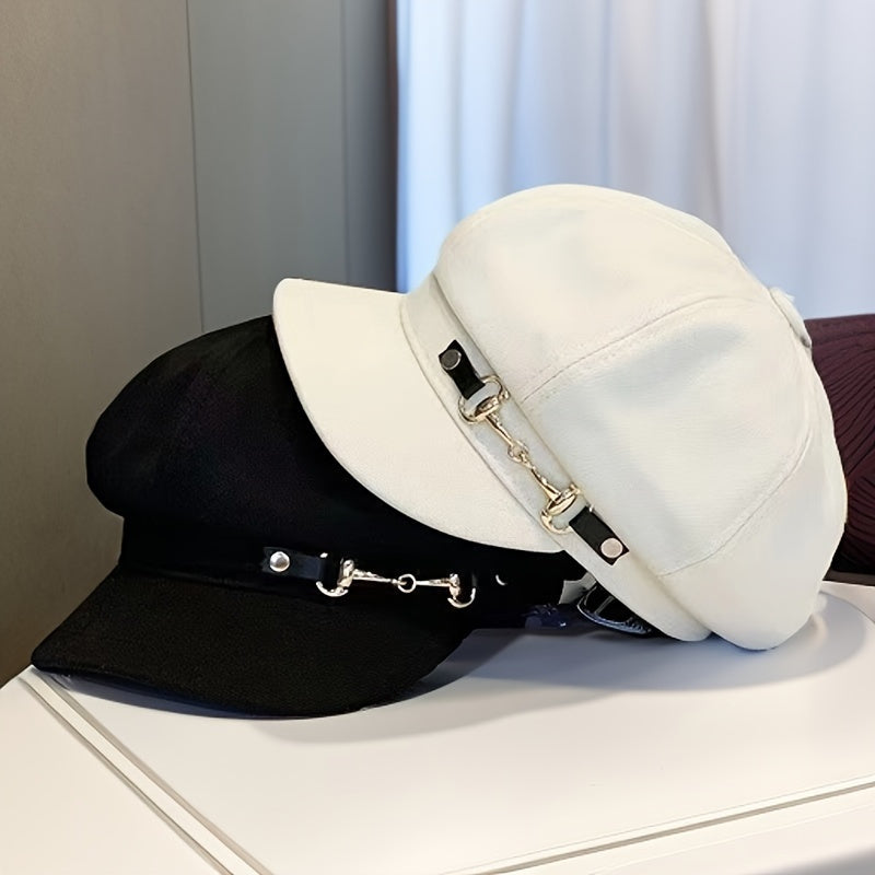 1pc Easter Holiday Polyester Beret for Women with Metallic Belt Buckle - Lightweight, Woven, Inelastic, Adjustable Drawstring Closure, Fashionable All-Match Cap for Spring Season