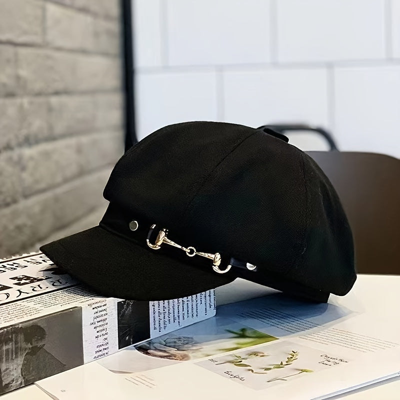 1pc Easter Holiday Polyester Beret for Women with Metallic Belt Buckle - Lightweight, Woven, Inelastic, Adjustable Drawstring Closure, Fashionable All-Match Cap for Spring Season