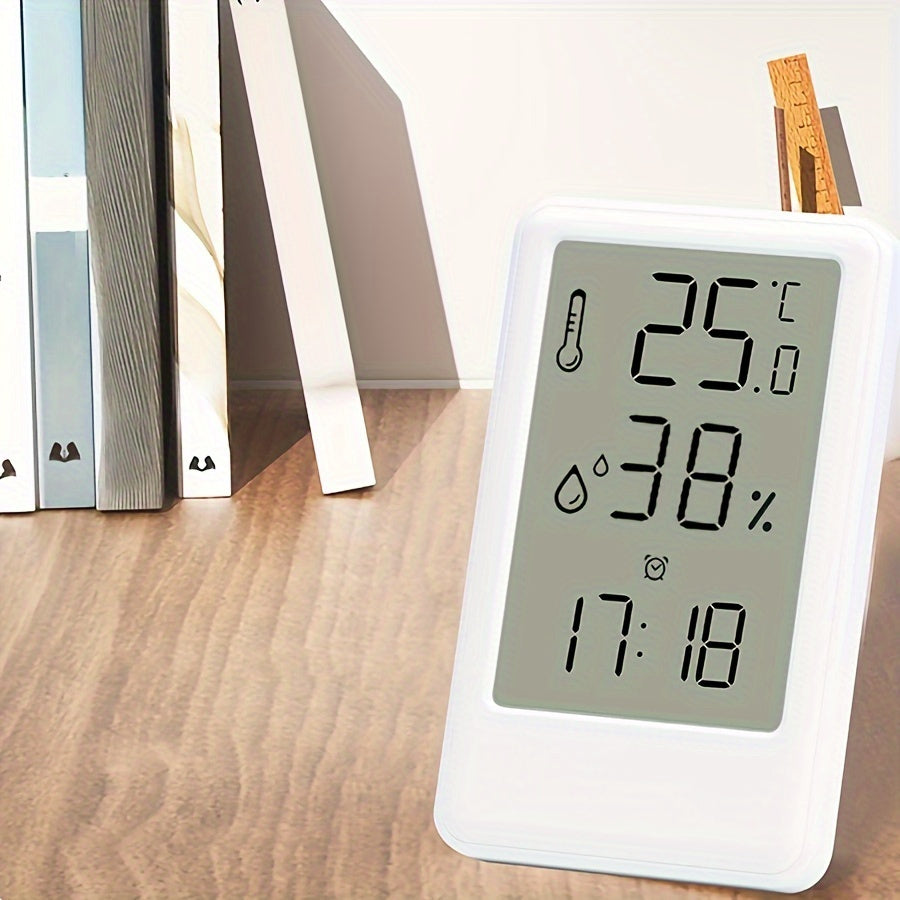 1pc Modern White Digital Temperature & Humidity Monitor with Large LCD Screen, High-Precision Room Thermometer for Desk or Wall, 12/24H Time Display, Battery-Powered (AAA Battery Not Included) – Ideal for Bedroom, Kitchen,