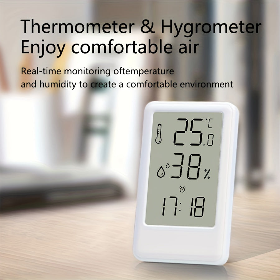 1pc Modern White Digital Temperature & Humidity Monitor with Large LCD Screen, High-Precision Room Thermometer for Desk or Wall, 12/24H Time Display, Battery-Powered (AAA Battery Not Included) – Ideal for Bedroom, Kitchen,