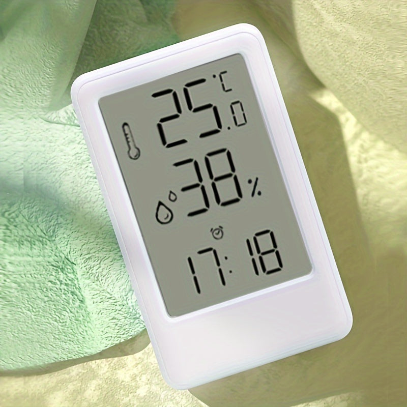 1pc Modern White Digital Temperature & Humidity Monitor with Large LCD Screen, High-Precision Room Thermometer for Desk or Wall, 12/24H Time Display, Battery-Powered (AAA Battery Not Included) – Ideal for Bedroom, Kitchen,