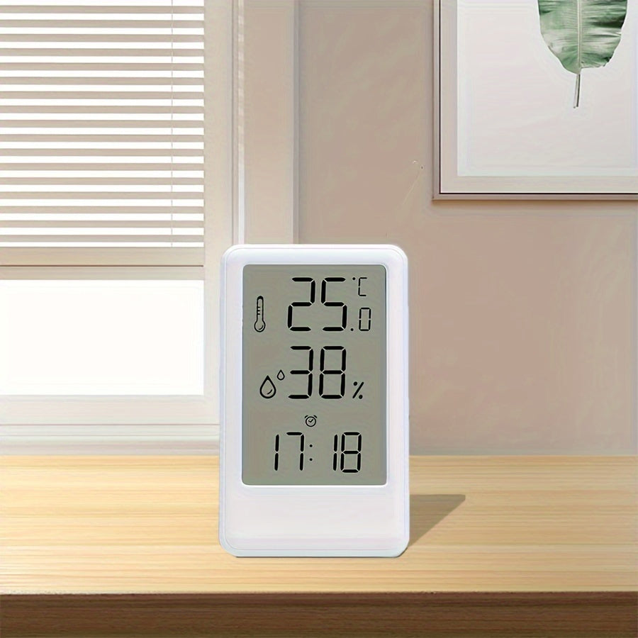 1pc Modern White Digital Temperature & Humidity Monitor with Large LCD Screen, High-Precision Room Thermometer for Desk or Wall, 12/24H Time Display, Battery-Powered (AAA Battery Not Included) – Ideal for Bedroom, Kitchen,