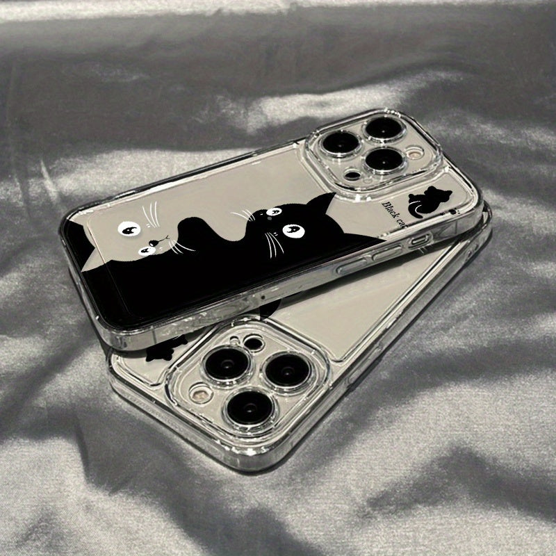 1pc Cartoon Cute Black Cat Space Phone Case for Iphone 16 15 14 13 12 11 Pro Max XS XR X 7 8 Plus SE 2022 Transparent Protective Case