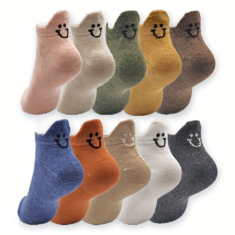 10 Pairs of Cute joyful Face Short Socks, Simple and Breathable, Women's Low-Top Socks, Suitable for Spring and Autumn, Suitable for School and Shopping