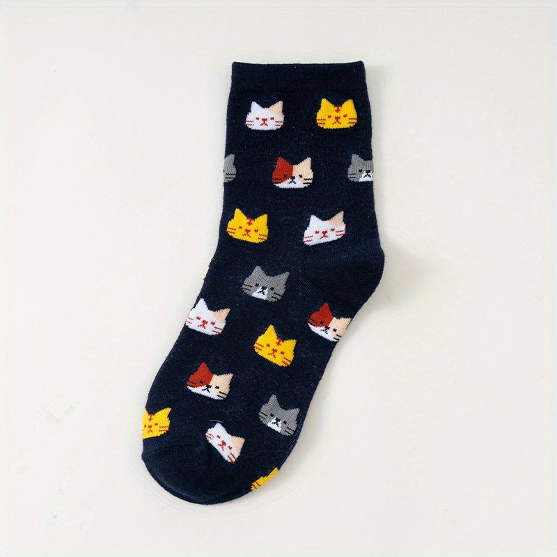 5 Pairs of Colorful Cute Animal Pattern Women's Casual Socks Cat Print Comfortable Breathable Fashion All-matching Autumn and Winter