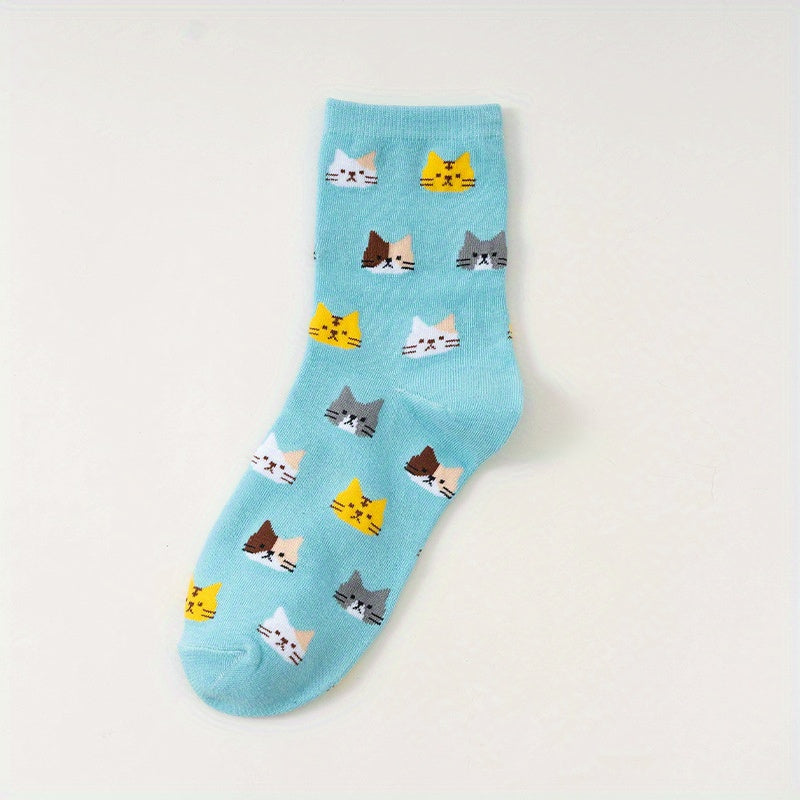5 Pairs of Colorful Cute Animal Pattern Women's Casual Socks Cat Print Comfortable Breathable Fashion All-matching Autumn and Winter