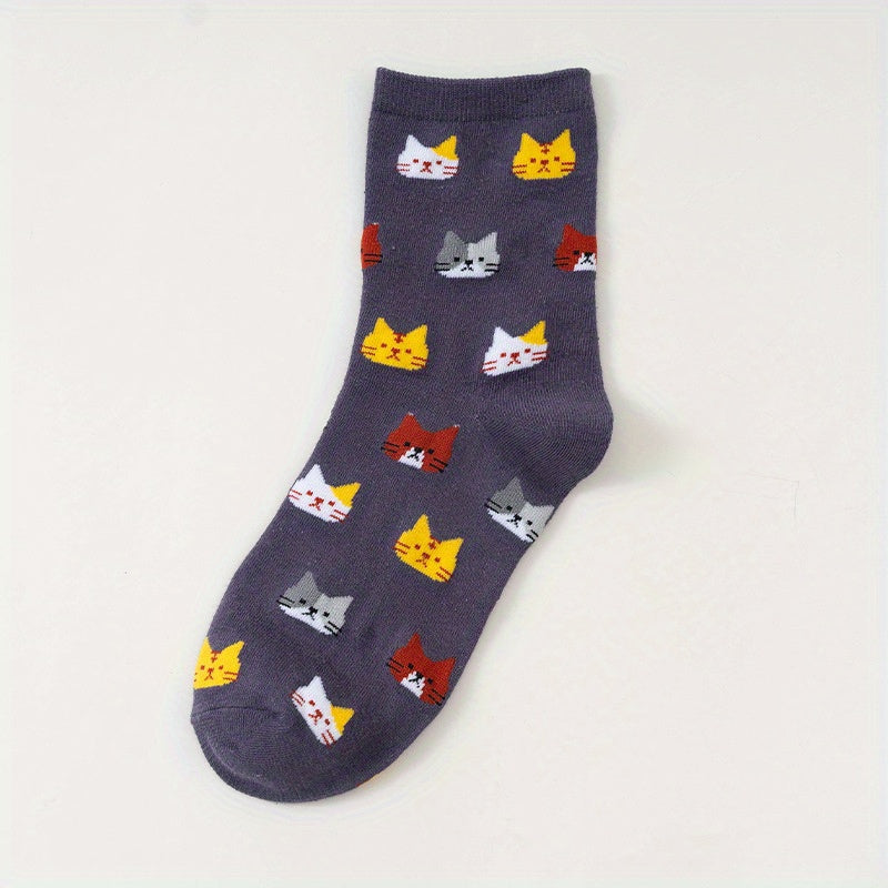 5 Pairs of Colorful Cute Animal Pattern Women's Casual Socks Cat Print Comfortable Breathable Fashion All-matching Autumn and Winter