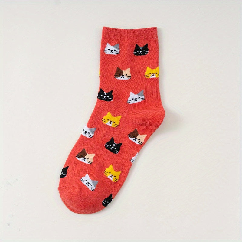5 Pairs of Colorful Cute Animal Pattern Women's Casual Socks Cat Print Comfortable Breathable Fashion All-matching Autumn and Winter