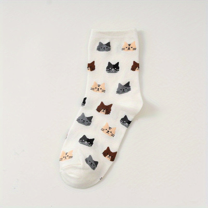 5 Pairs of Colorful Cute Animal Pattern Women's Casual Socks Cat Print Comfortable Breathable Fashion All-matching Autumn and Winter