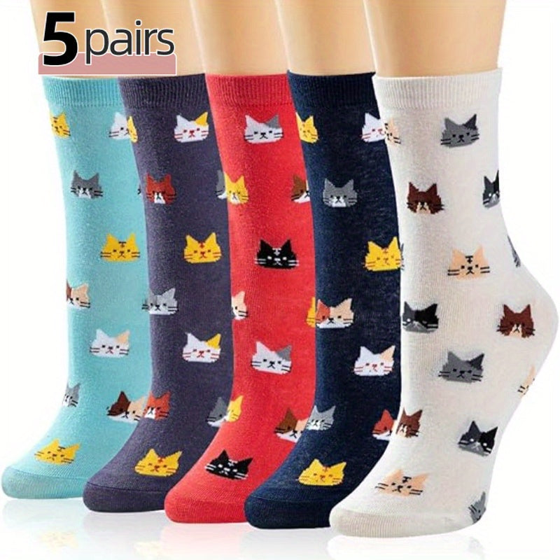 5 Pairs of Colorful Cute Animal Pattern Women's Casual Socks Cat Print Comfortable Breathable Fashion All-matching Autumn and Winter