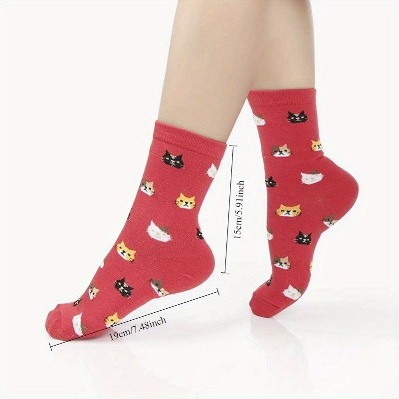 5 Pairs of Colorful Cute Animal Pattern Women's Casual Socks Cat Print Comfortable Breathable Fashion All-matching Autumn and Winter