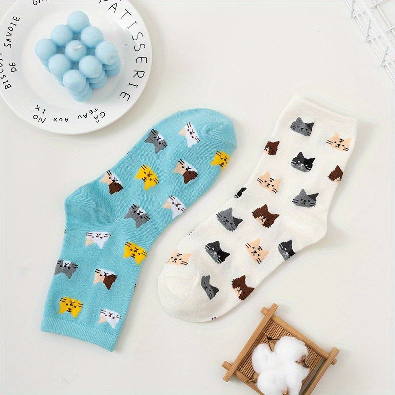 5 Pairs of Colorful Cute Animal Pattern Women's Casual Socks Cat Print Comfortable Breathable Fashion All-matching Autumn and Winter