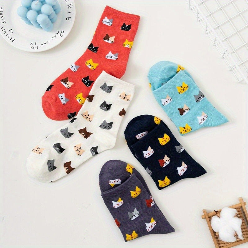 5 Pairs of Colorful Cute Animal Pattern Women's Casual Socks Cat Print Comfortable Breathable Fashion All-matching Autumn and Winter