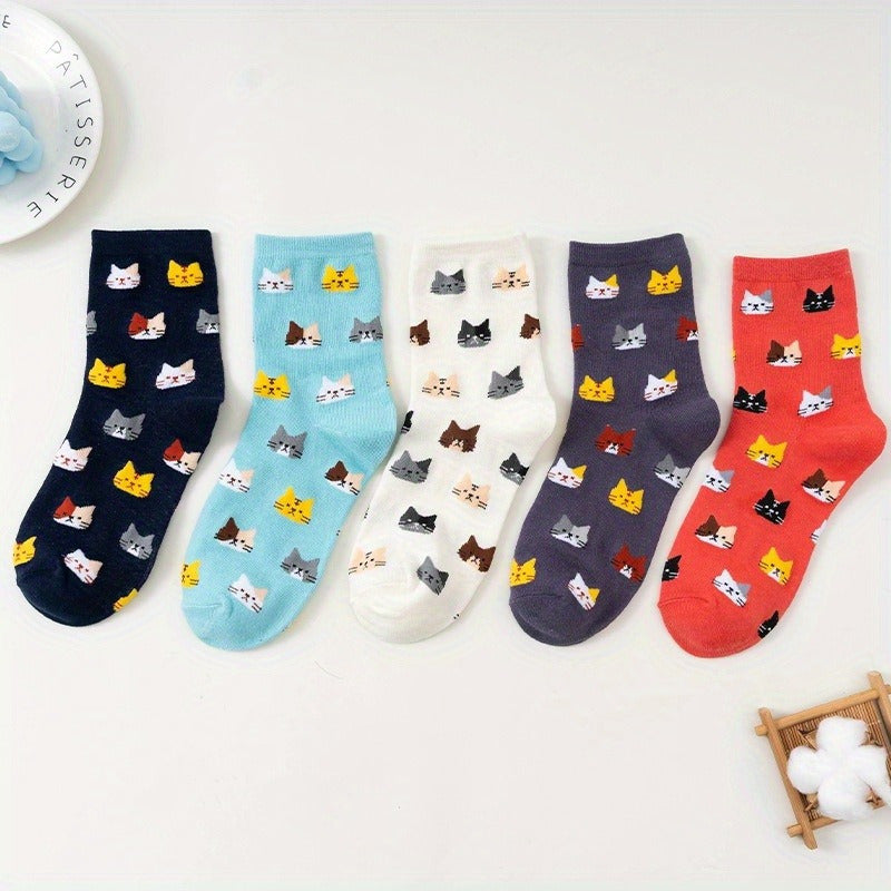 5 Pairs of Colorful Cute Animal Pattern Women's Casual Socks Cat Print Comfortable Breathable Fashion All-matching Autumn and Winter