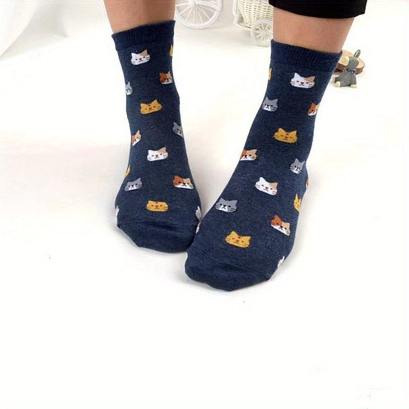 5 Pairs of Colorful Cute Animal Pattern Women's Casual Socks Cat Print Comfortable Breathable Fashion All-matching Autumn and Winter