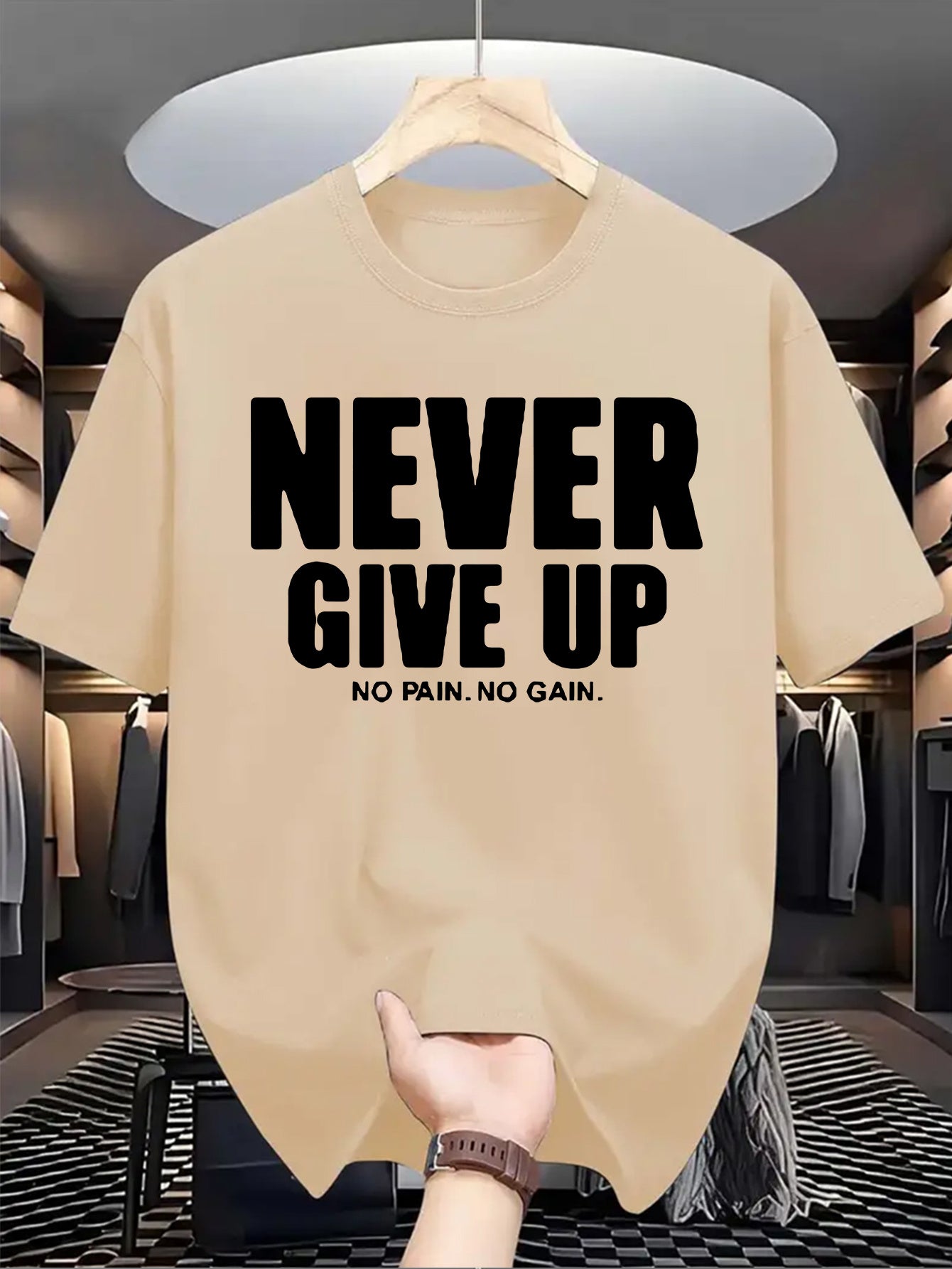 Men'S Casual Crew Neck T-Shirt with "Never Give Up" Print, Polyester Knit Fabric, Slight Stretch, Regular Fit, Summer Short Sleeve Tee for Daily Wear