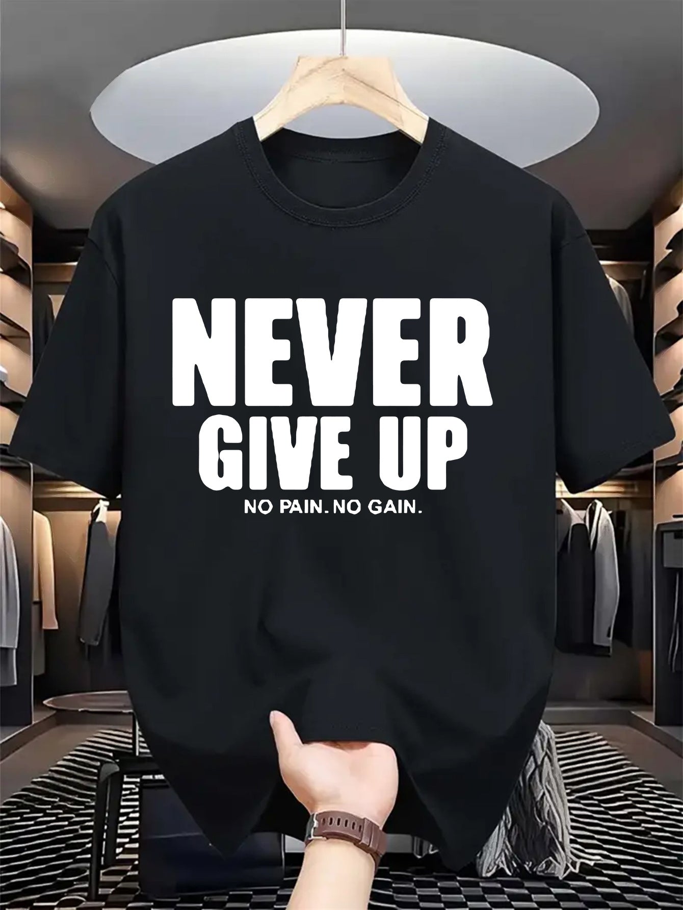 Men'S Casual Crew Neck T-Shirt with "Never Give Up" Print, Polyester Knit Fabric, Slight Stretch, Regular Fit, Summer Short Sleeve Tee for Daily Wear