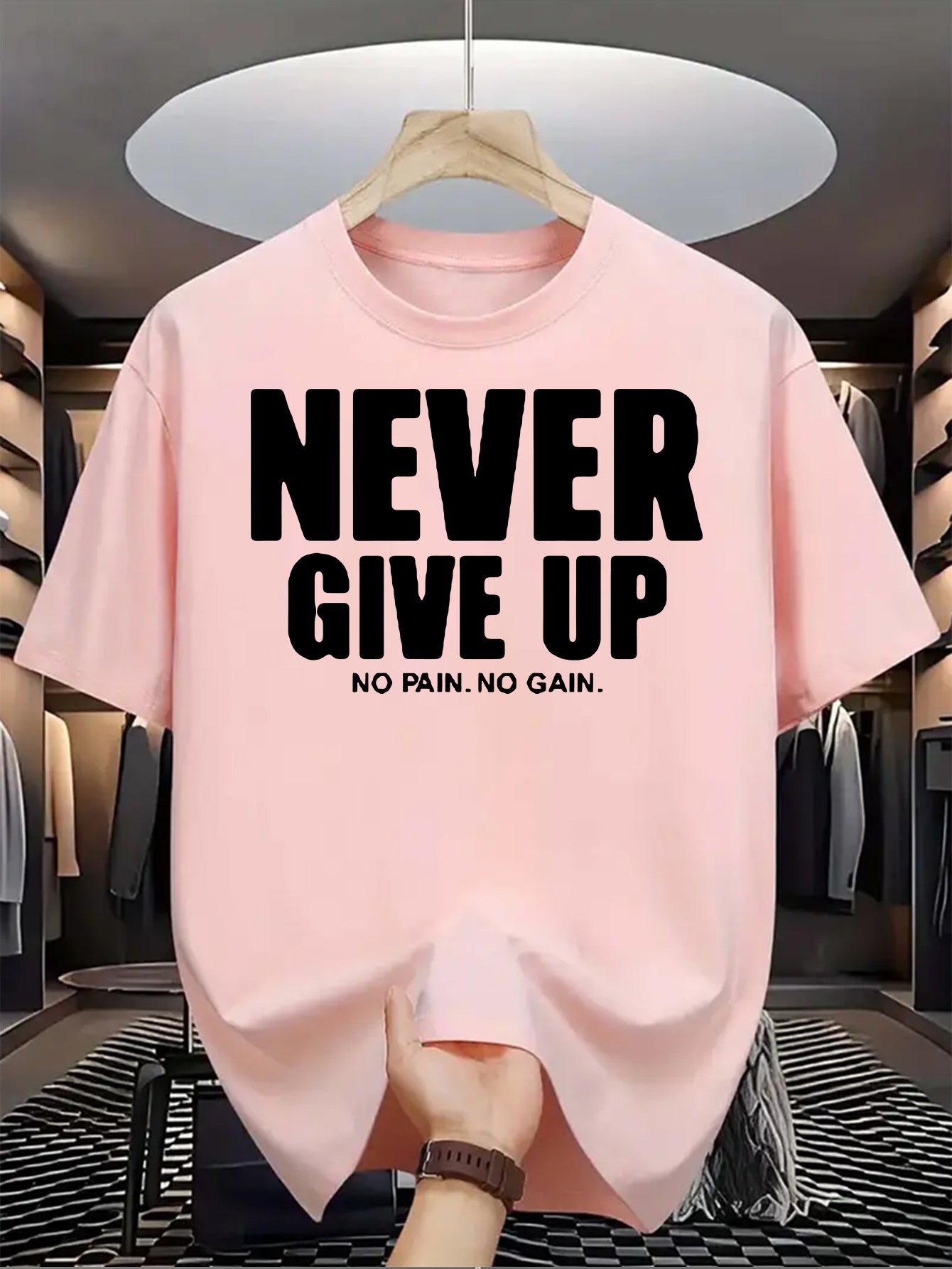 Men'S Casual Crew Neck T-Shirt with "Never Give Up" Print, Polyester Knit Fabric, Slight Stretch, Regular Fit, Summer Short Sleeve Tee for Daily Wear