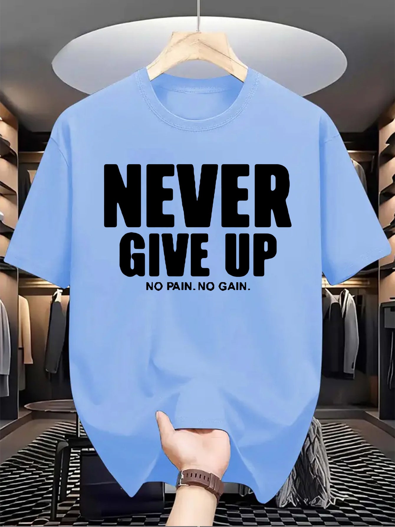 Men'S Casual Crew Neck T-Shirt with "Never Give Up" Print, Polyester Knit Fabric, Slight Stretch, Regular Fit, Summer Short Sleeve Tee for Daily Wear