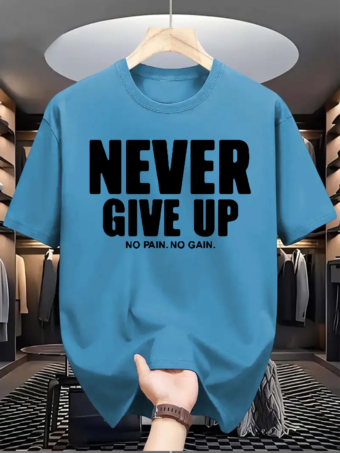 Men'S Casual Crew Neck T-Shirt with "Never Give Up" Print, Polyester Knit Fabric, Slight Stretch, Regular Fit, Summer Short Sleeve Tee for Daily Wear