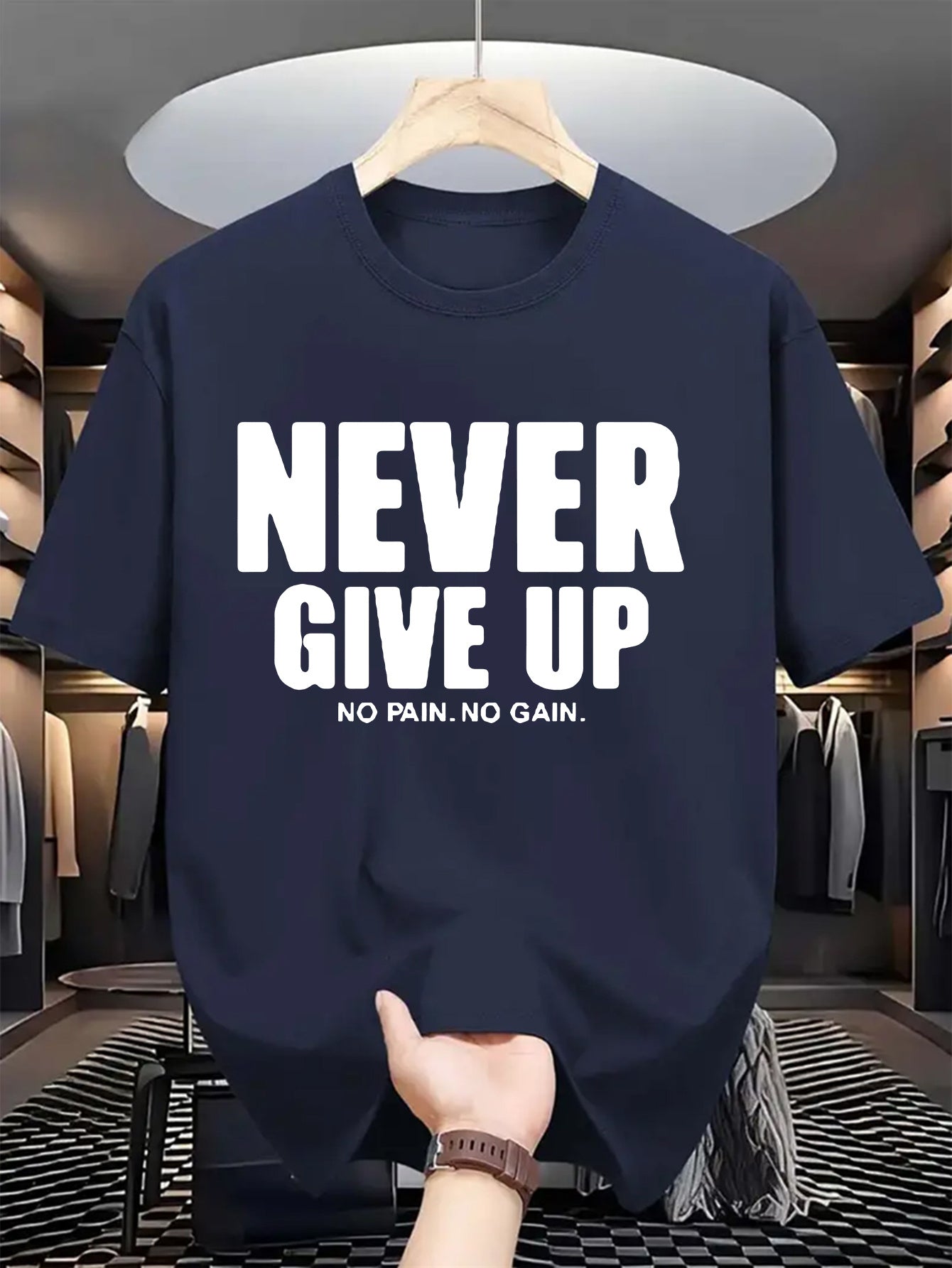 Men'S Casual Crew Neck T-Shirt with "Never Give Up" Print, Polyester Knit Fabric, Slight Stretch, Regular Fit, Summer Short Sleeve Tee for Daily Wear
