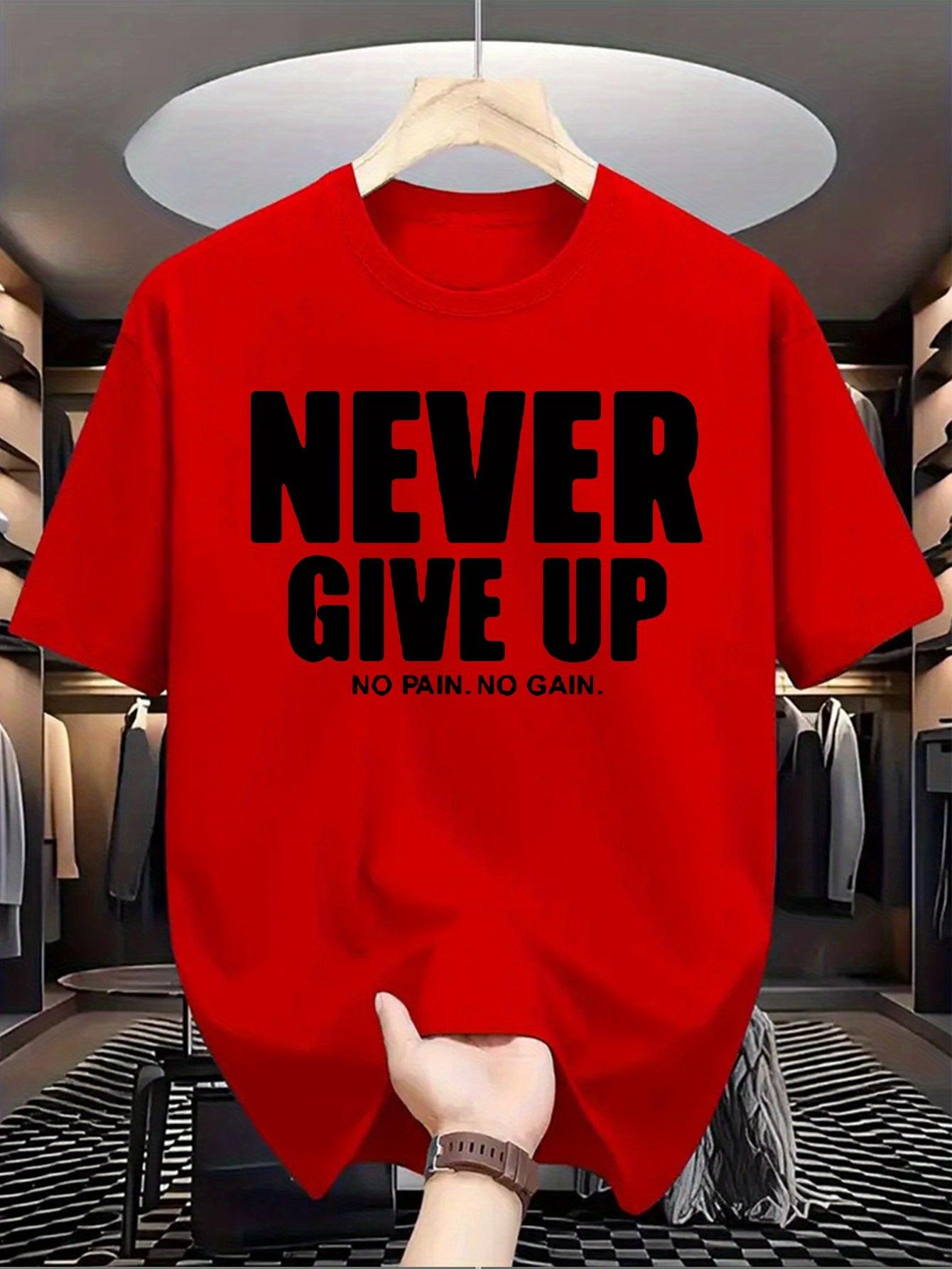 Men'S Casual Crew Neck T-Shirt with "Never Give Up" Print, Polyester Knit Fabric, Slight Stretch, Regular Fit, Summer Short Sleeve Tee for Daily Wear
