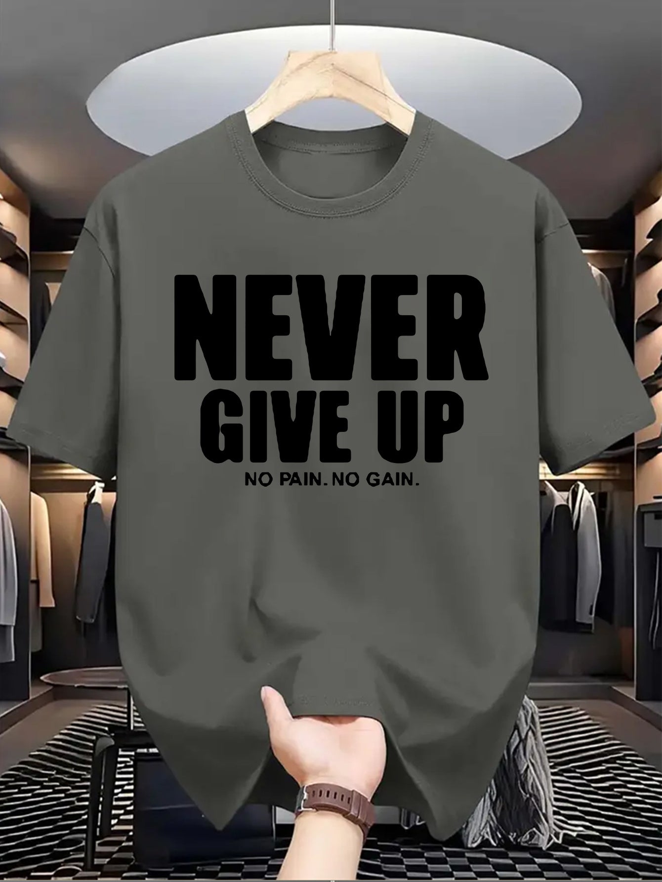 Men'S Casual Crew Neck T-Shirt with "Never Give Up" Print, Polyester Knit Fabric, Slight Stretch, Regular Fit, Summer Short Sleeve Tee for Daily Wear