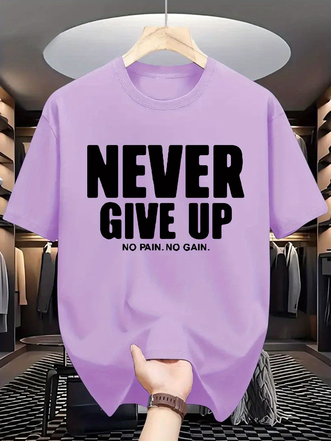 Men'S Casual Crew Neck T-Shirt with "Never Give Up" Print, Polyester Knit Fabric, Slight Stretch, Regular Fit, Summer Short Sleeve Tee for Daily Wear