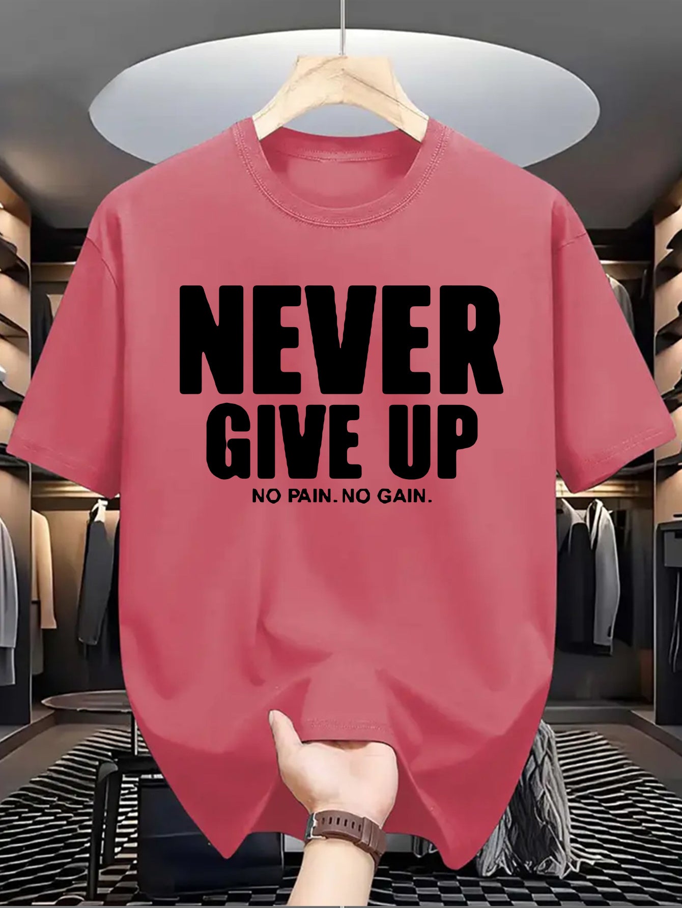 Men'S Casual Crew Neck T-Shirt with "Never Give Up" Print, Polyester Knit Fabric, Slight Stretch, Regular Fit, Summer Short Sleeve Tee for Daily Wear