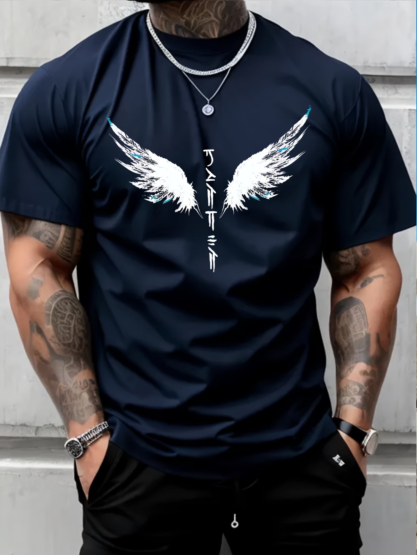Wings Print Men's Creative Top, Casual Short Sleeve Crew Neck T-shirt, Men's Clothing For Summer Outdoor