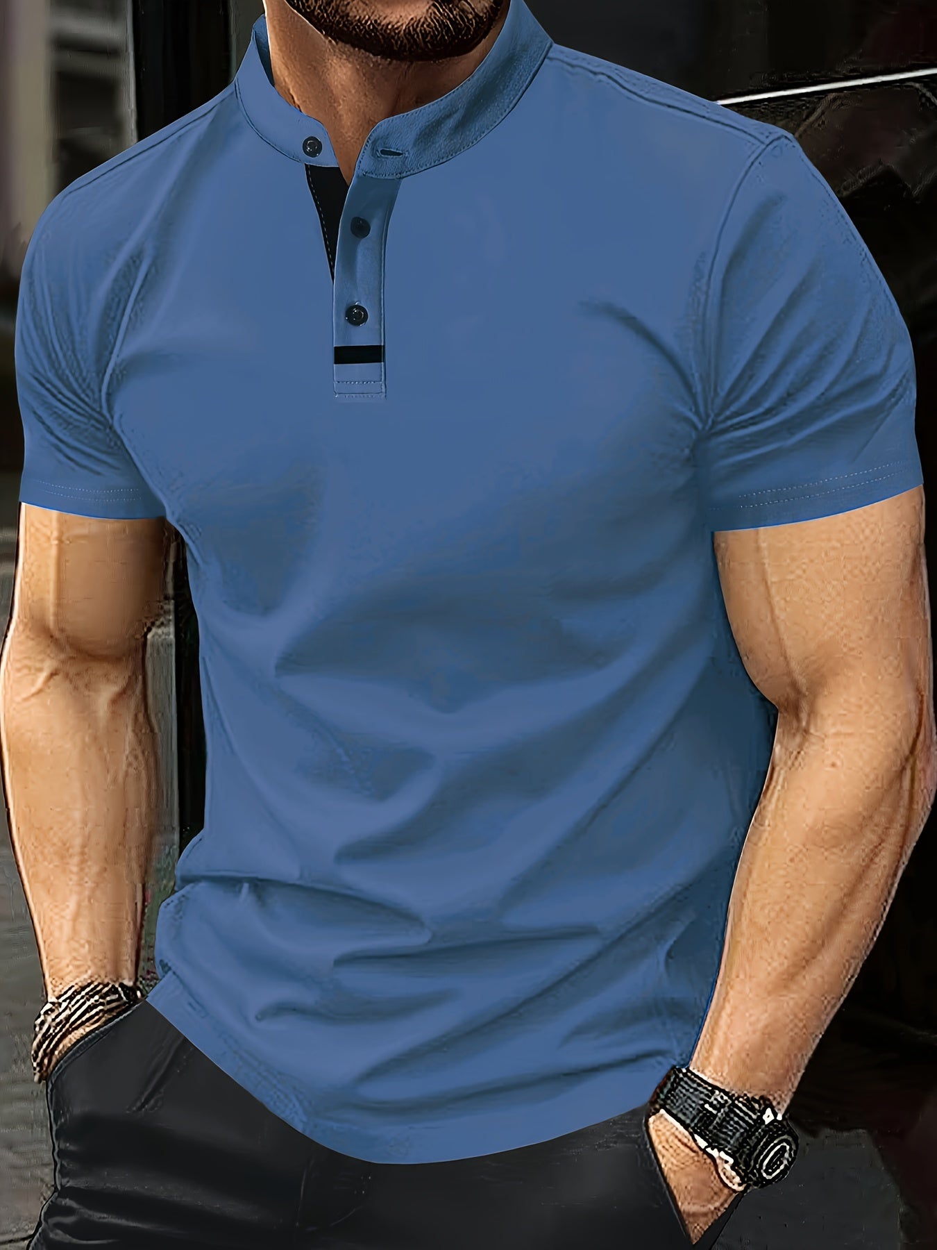 Men's Casual Red Shirt - Short Sleeve, Round Neck with Button Detail, Lightweight Polyester Blend, Ideal for Golf & Casual Attire, Machine Washable