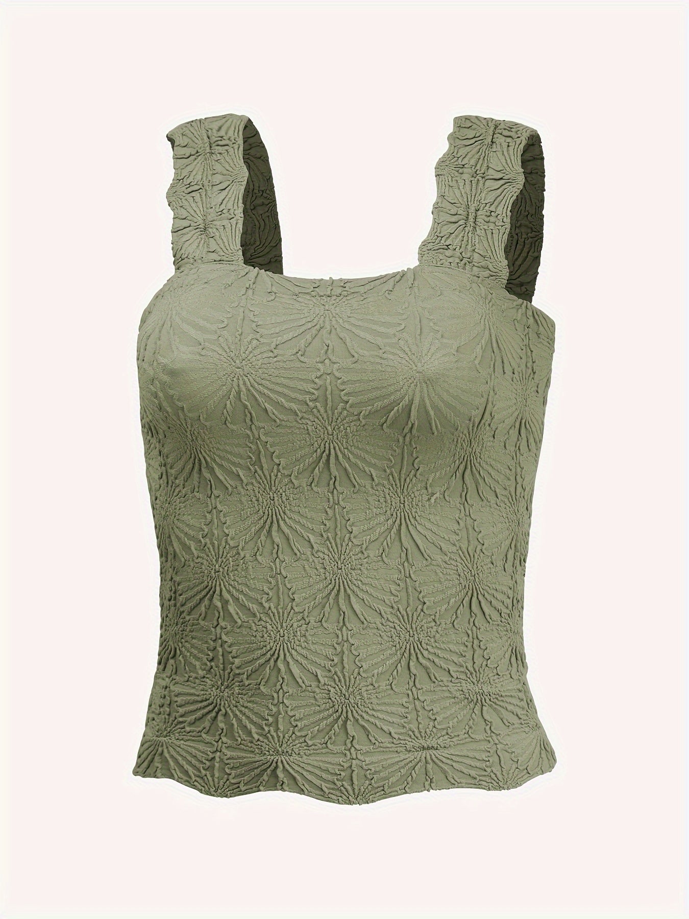 Women's Fashion Cami Tank Top With Jacquard Floral, Wide Shoulder Strap Square Neck Tank Top, Women's Activewear