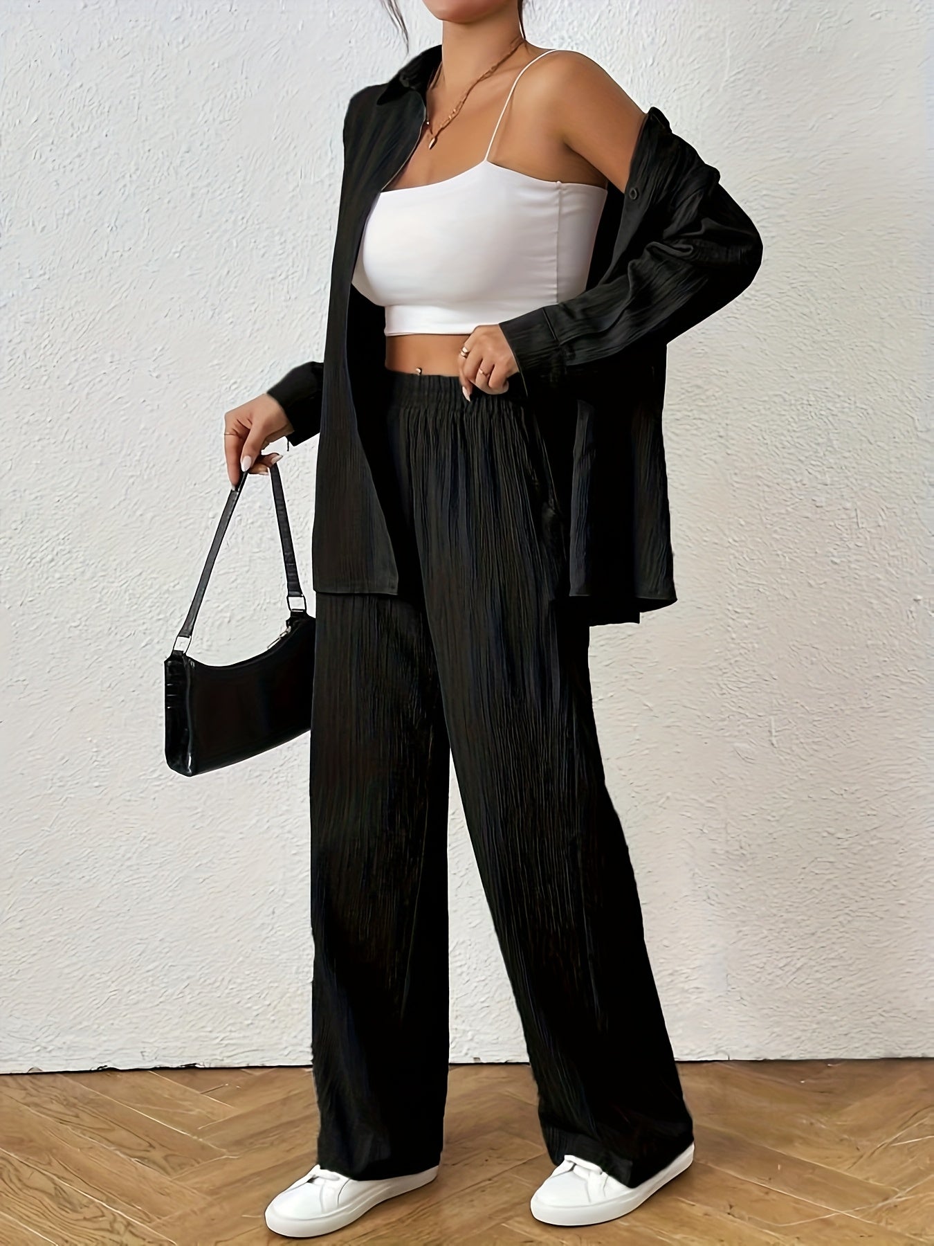 2pcs Women Spring & Autumn Casual Solid Color Long Sleeve Shirt And Pants Set