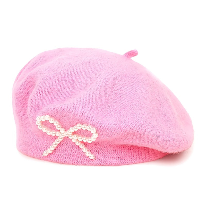 1pc Women's Wool Beret with Pearl Bow - Elegant, Breathable, and Stylish in Multiple Colors (Black, Brown, Gray, Beige, Purple, Pink) for Casual Attire