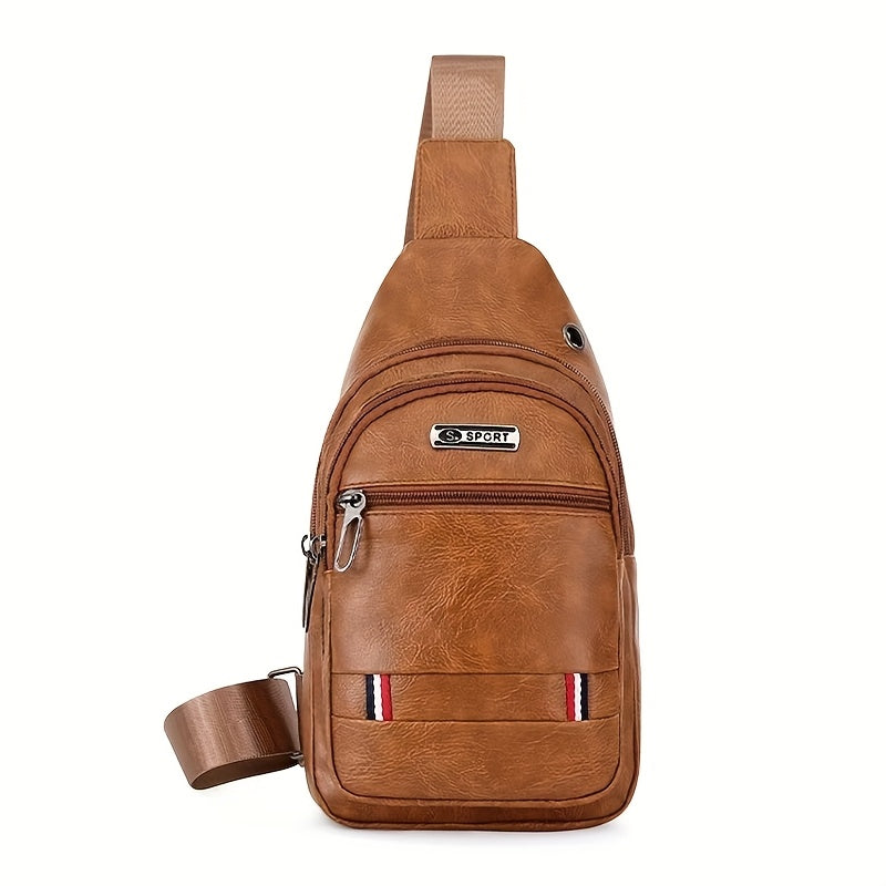 Men'S Vintage Faux Leather Chest Bag - Crossbody Sling Style, Multi-Layer Zippered Front, Brown with Red White Stripes, Perfect for Casual Outings, Crossbody Bag, Secure Zipper Closure