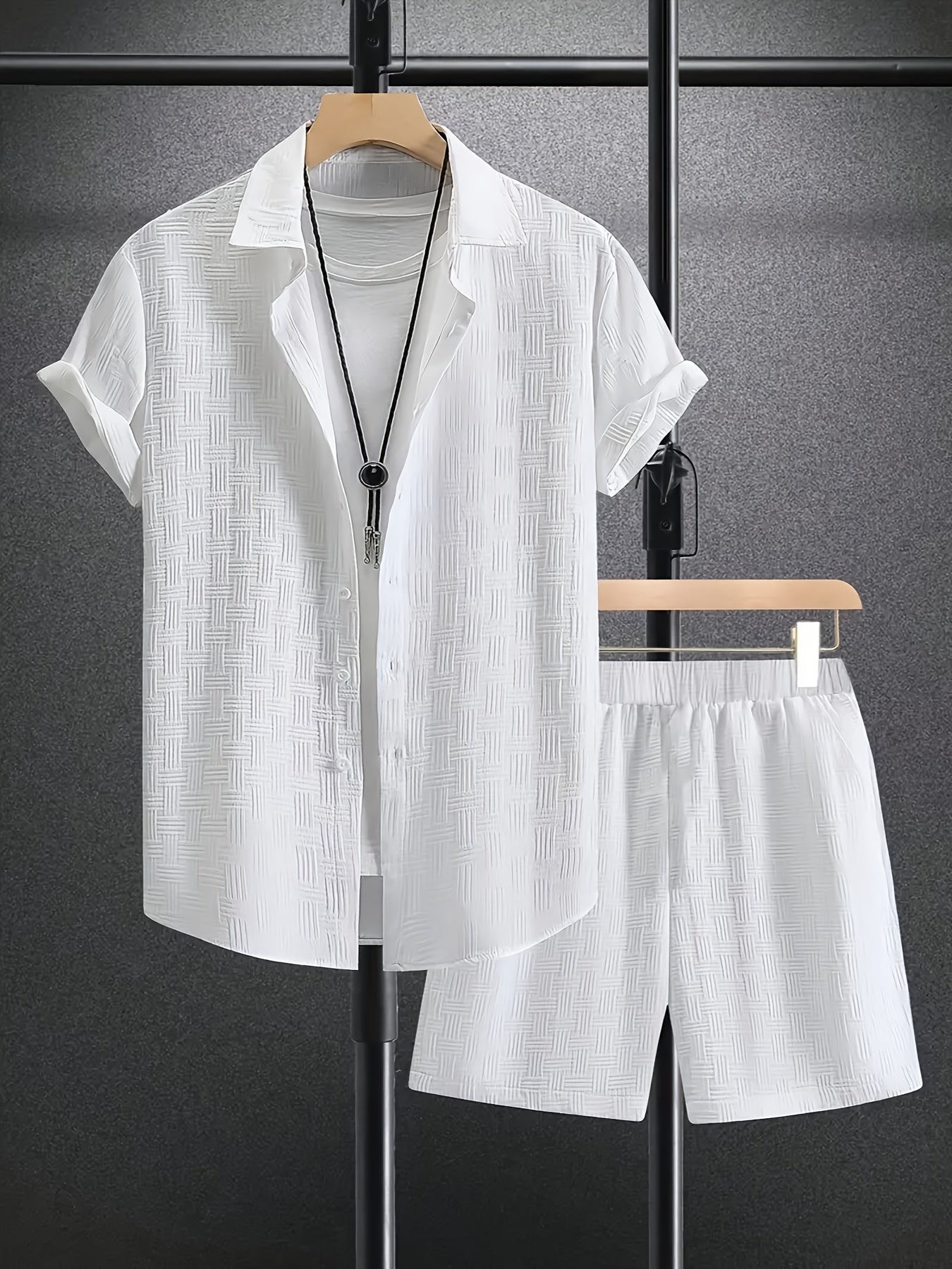 Men's Outfit, Checkered Print Lapel Short Sleeve Button Up Shirt & Shorts 2pcs co ord set for Outdoor Activities