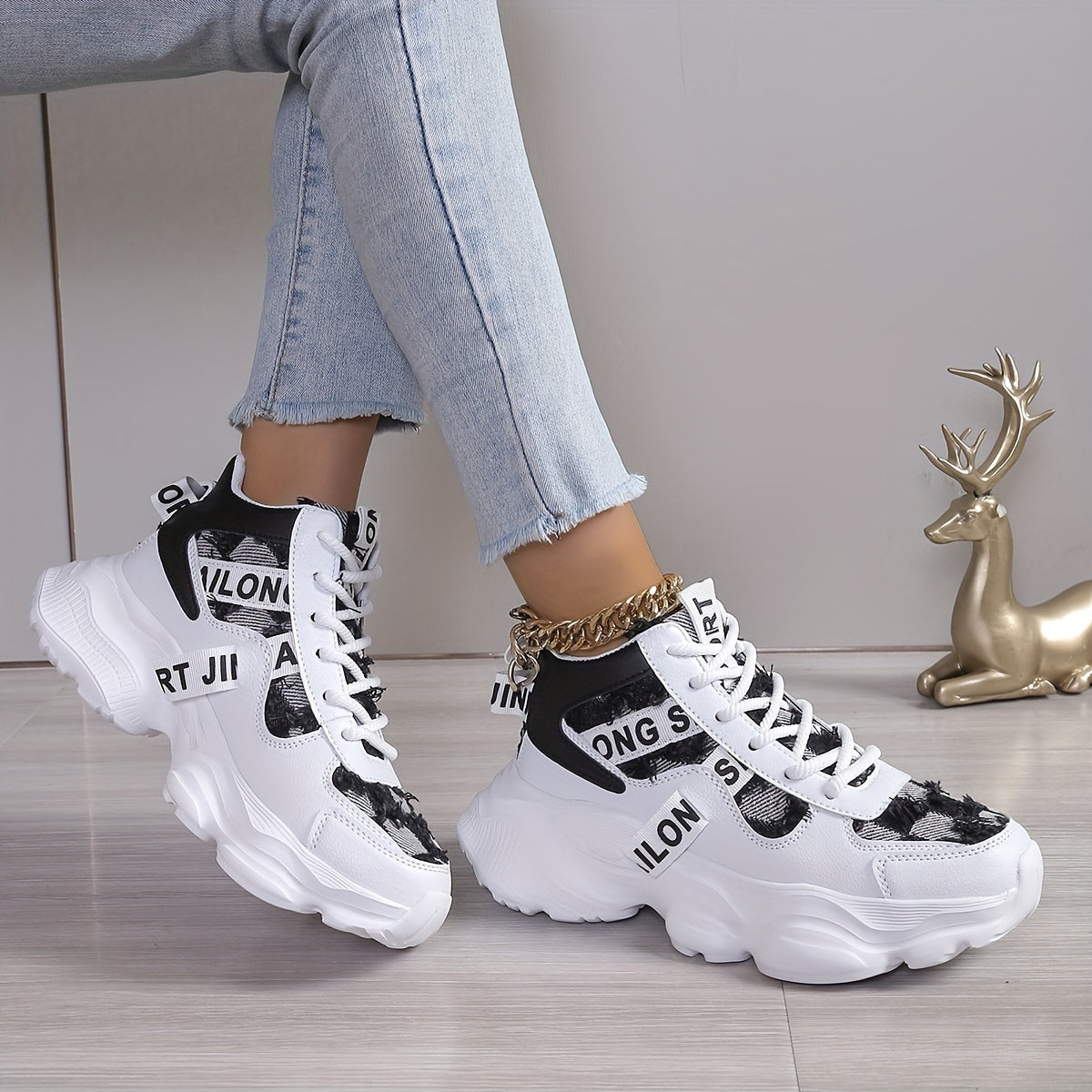 Women'S High-Top Fashion Sneakers with Plaid Pattern, Lightweight EVA Sole, Lace-Up Closure, Fabric Insole, and Tassel Embellishment - All-Season Sports Shoes with Random Printing Design, Ladies Sneakers