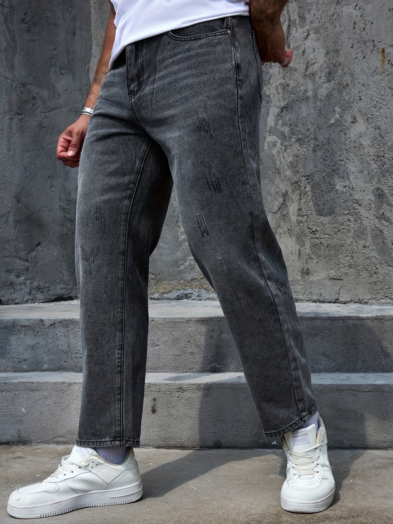 Men's Regular Fit Distressed Denim Jeans - Light Grey, Blend, Machine Washable, Year-Round Comfort & Style