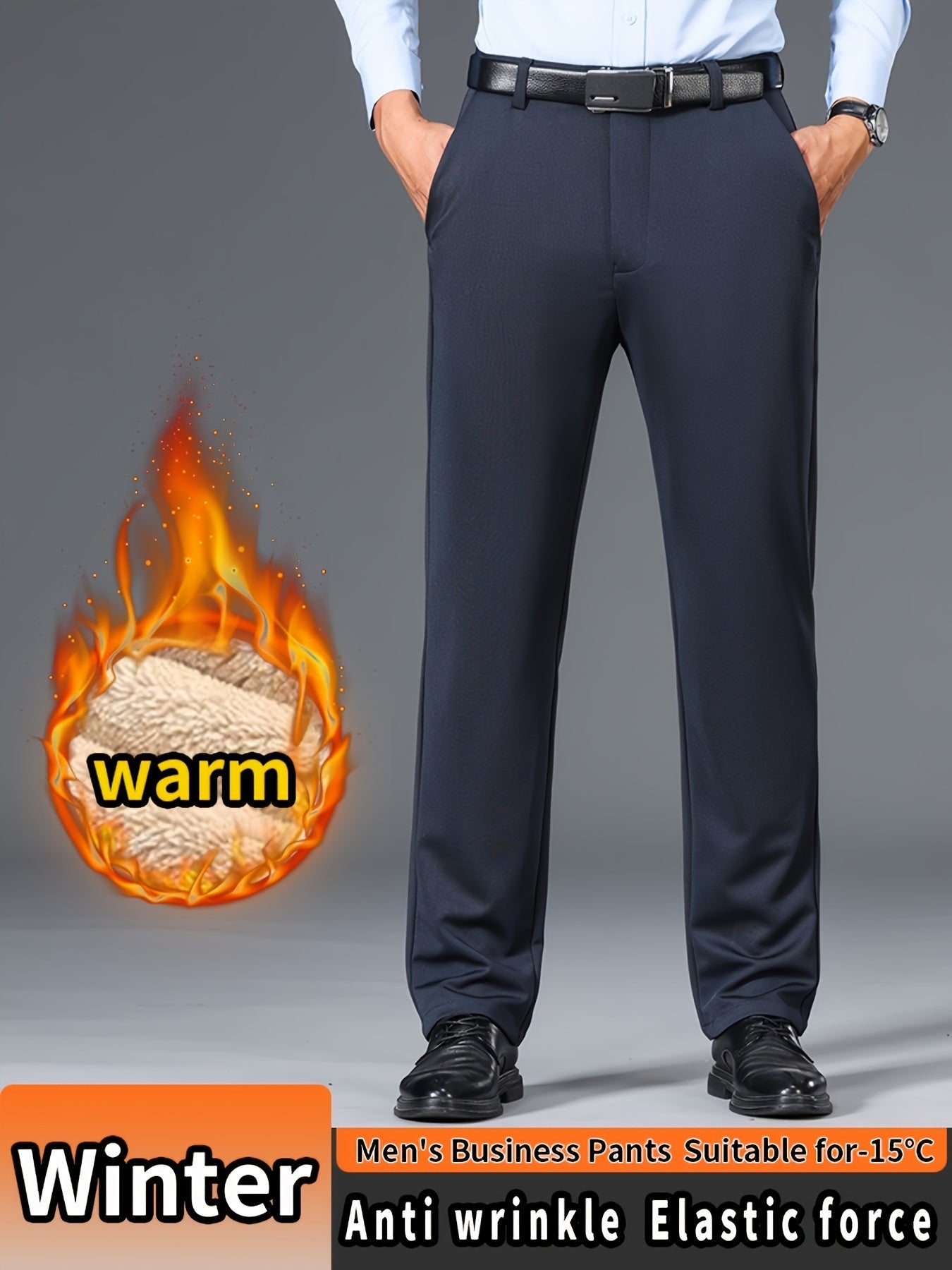 Men'S High Waist Solid Color Straight Leg Business Pants with Pocket Details, Polyester and Elastane Blend with Viscose Lining, Elastic Stretch, Zipper Fly Closure, Suitable for Fall/Winter Workwear