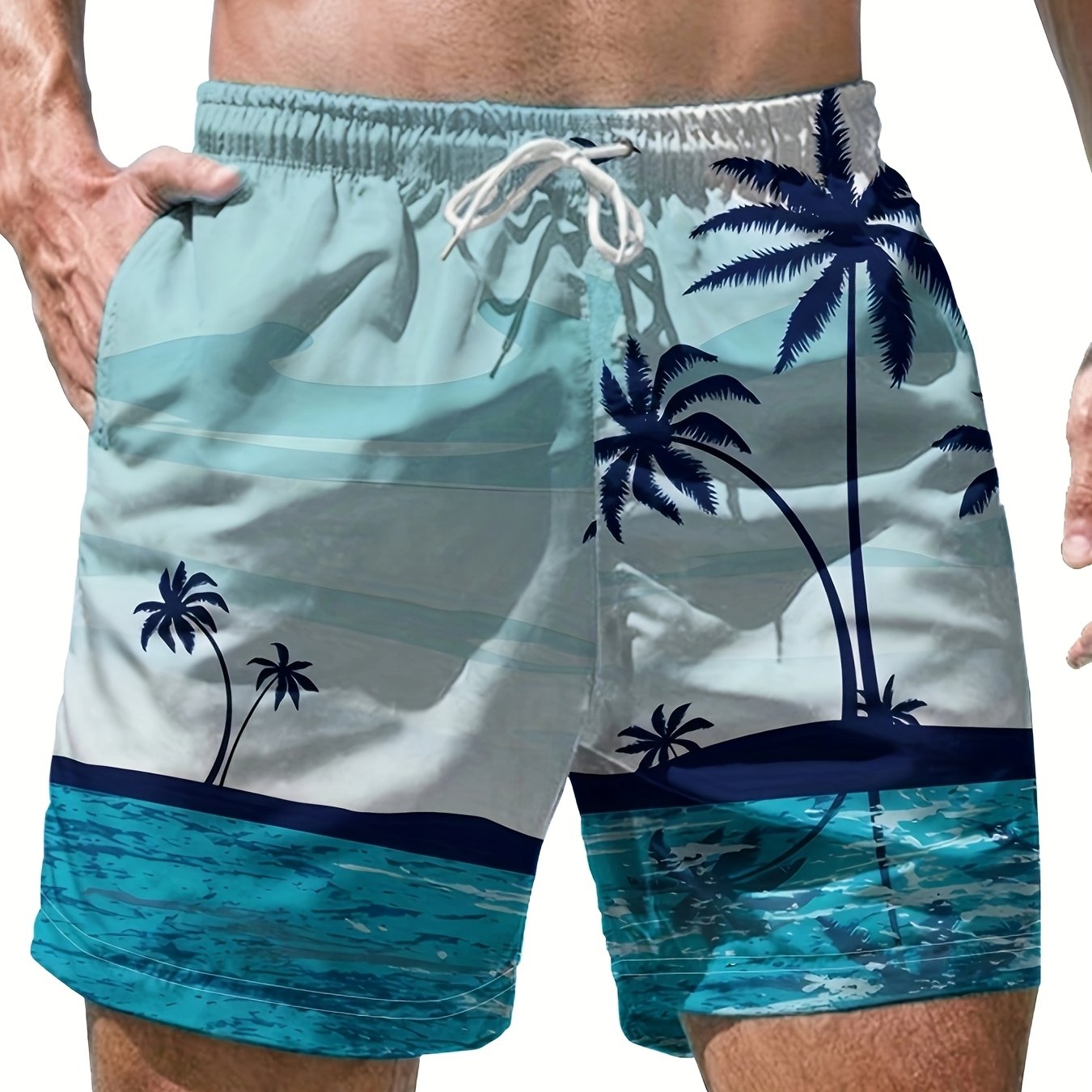 Men's Casual Palm Tree Beach Shorts - Quick-Dry, Drawstring Swim Trunks with Pockets, Perfect for Summer Vacation, Bathing Suits