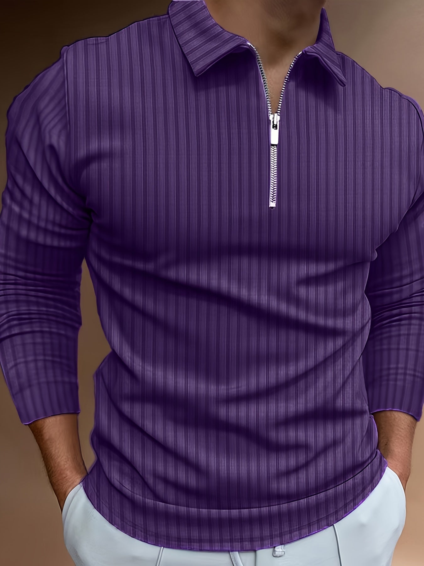Men's Casual Sports Ribbed Long Sleeve Zipper Lapel Golf Shirt, Spring And Fall