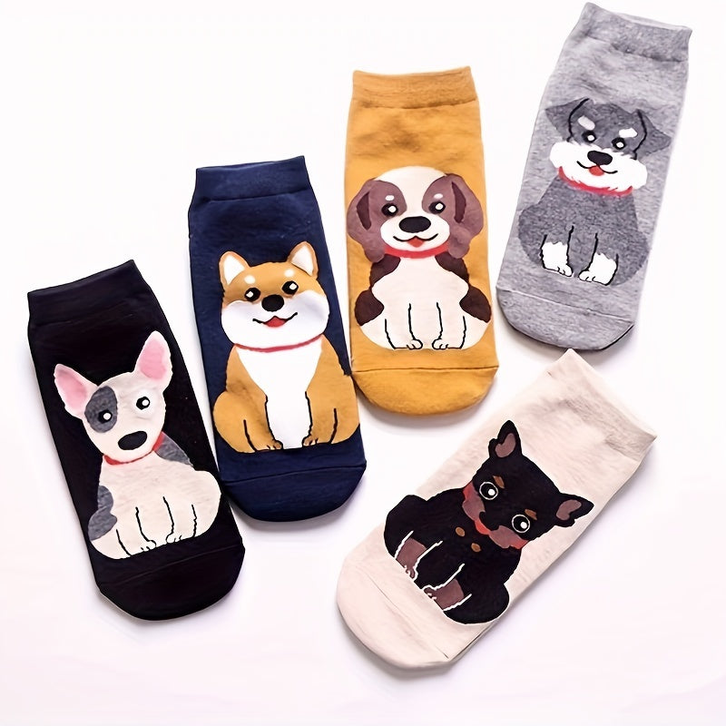 5 զույգ գեղեցիկ մուլտֆիլմ Dog & Cat Crew գուլպաներ կանանց համար, պոլիեսթեր և սպանդեքս խառնուրդ, տրիկոտաժե գործվածք, սովորական անիմե ոճ, չսահող կարճ գուլպաներ, մեքենայով լվացվող