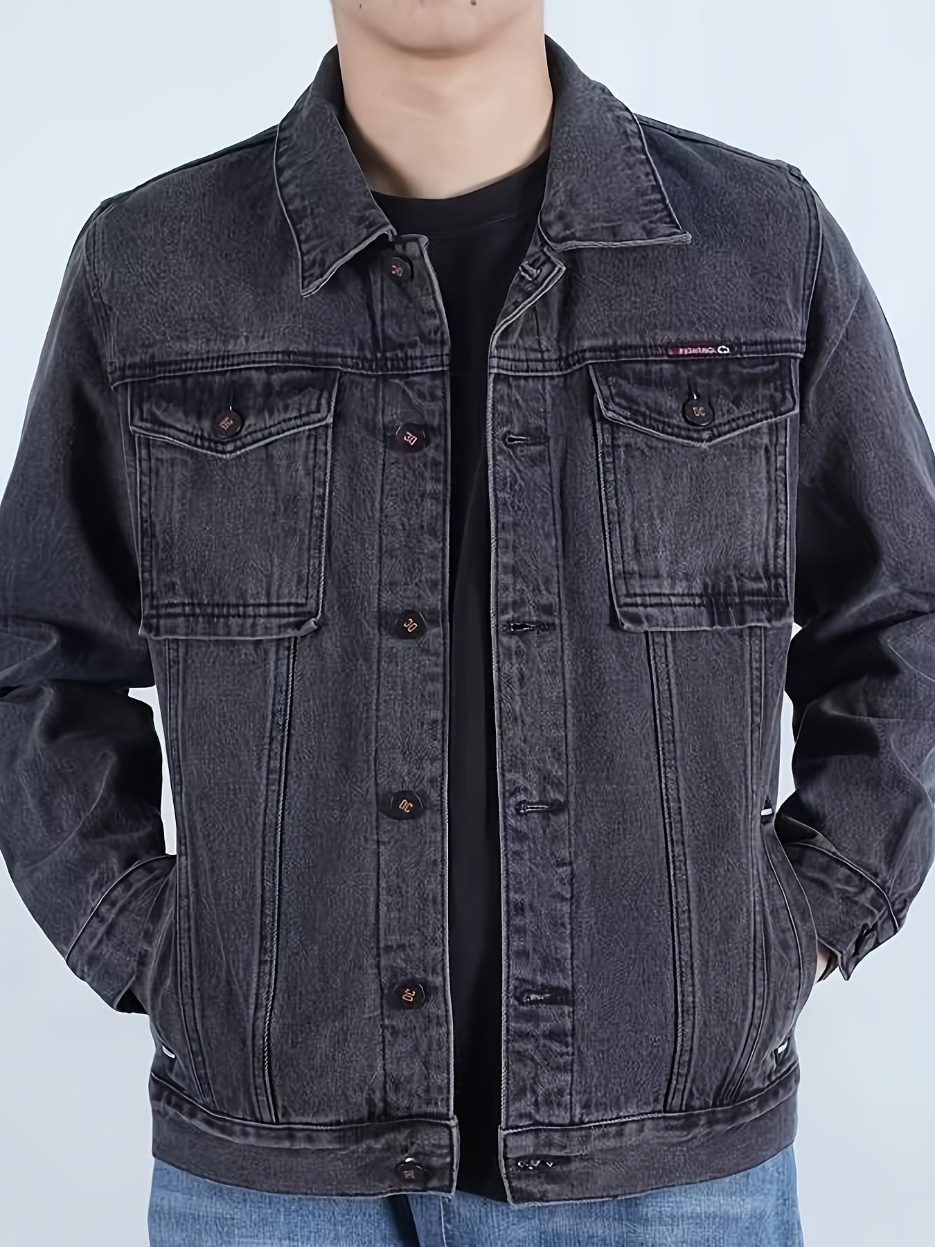 Men's Spring/Autumn Denim Jacket - Casual Chic Style, Black Blend with Red Accents, Button-Up with Flap Pockets, Long Sleeves, Ideal for Hiking & Casual Attire, Outdoor Apparel|Classic Denim Style|Durable Fabric
