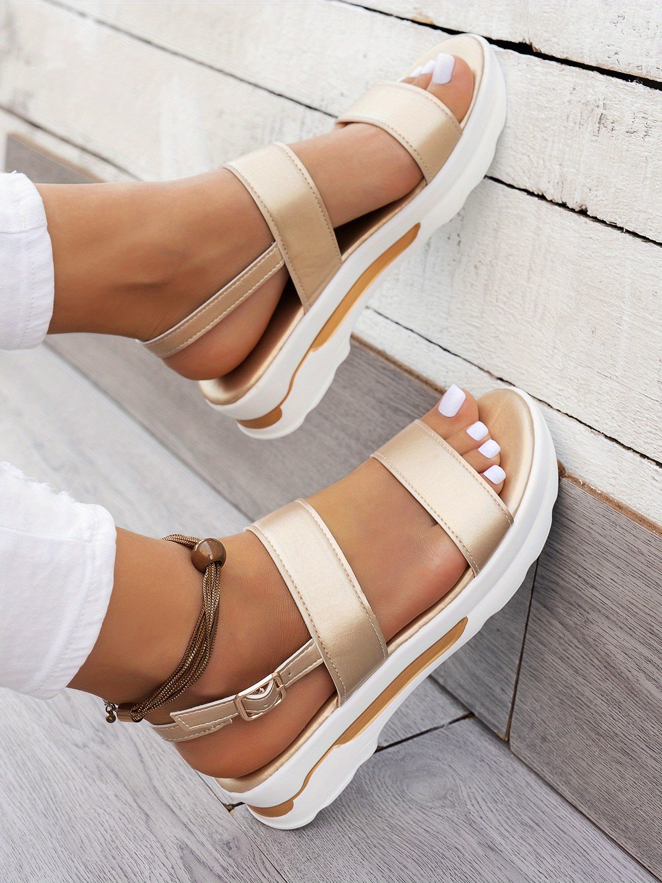 Mhysa Women's Comfortable Open-Toe Platform Sandals with Thick Sole & Golden Buckle Strap - Summer Casual White PU Cover Ankle Strap Sandals for Casual Attire, Ladies Sandals