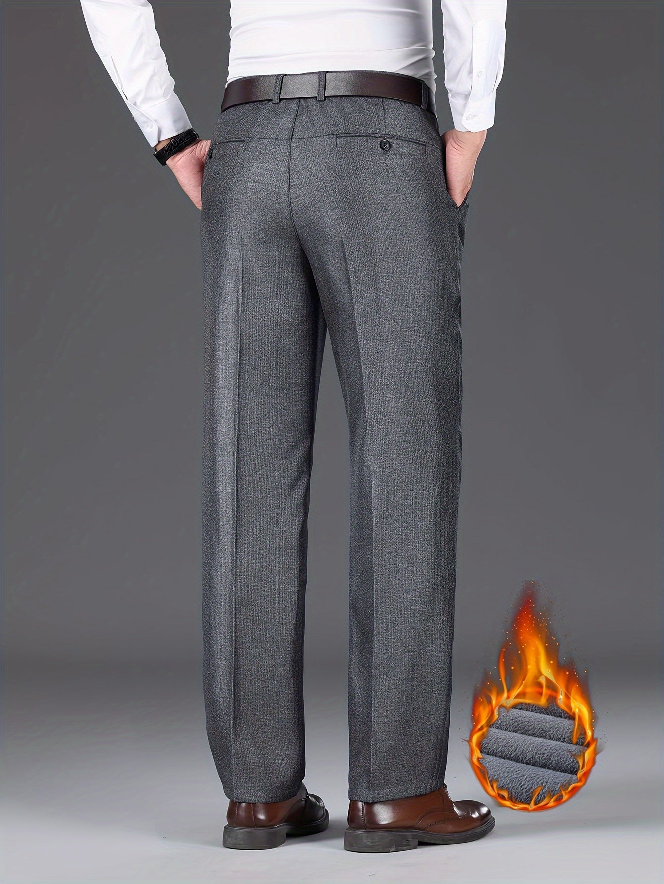 Men'S Solid Color Polyester Dress Pants - Fall/Winter Warm Fleece-Lined Thickened Straight-Leg Trousers with Slant Pockets, Regular Fit, Non-Stretch Woven Fabric, Long Length