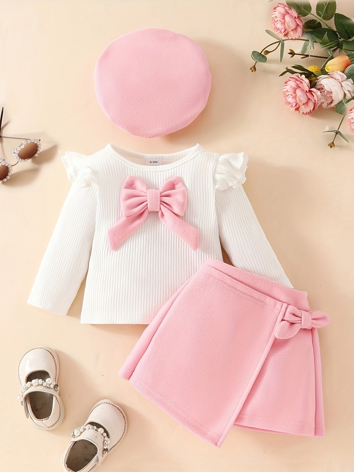 Honey Style Knitted Fabric Crew Neck Long Sleeve T-Shirt with Solid Color Flared Skirt and Beret Set for - Bow Detail Knee High Medium Stretch Fall/Winter Outfit