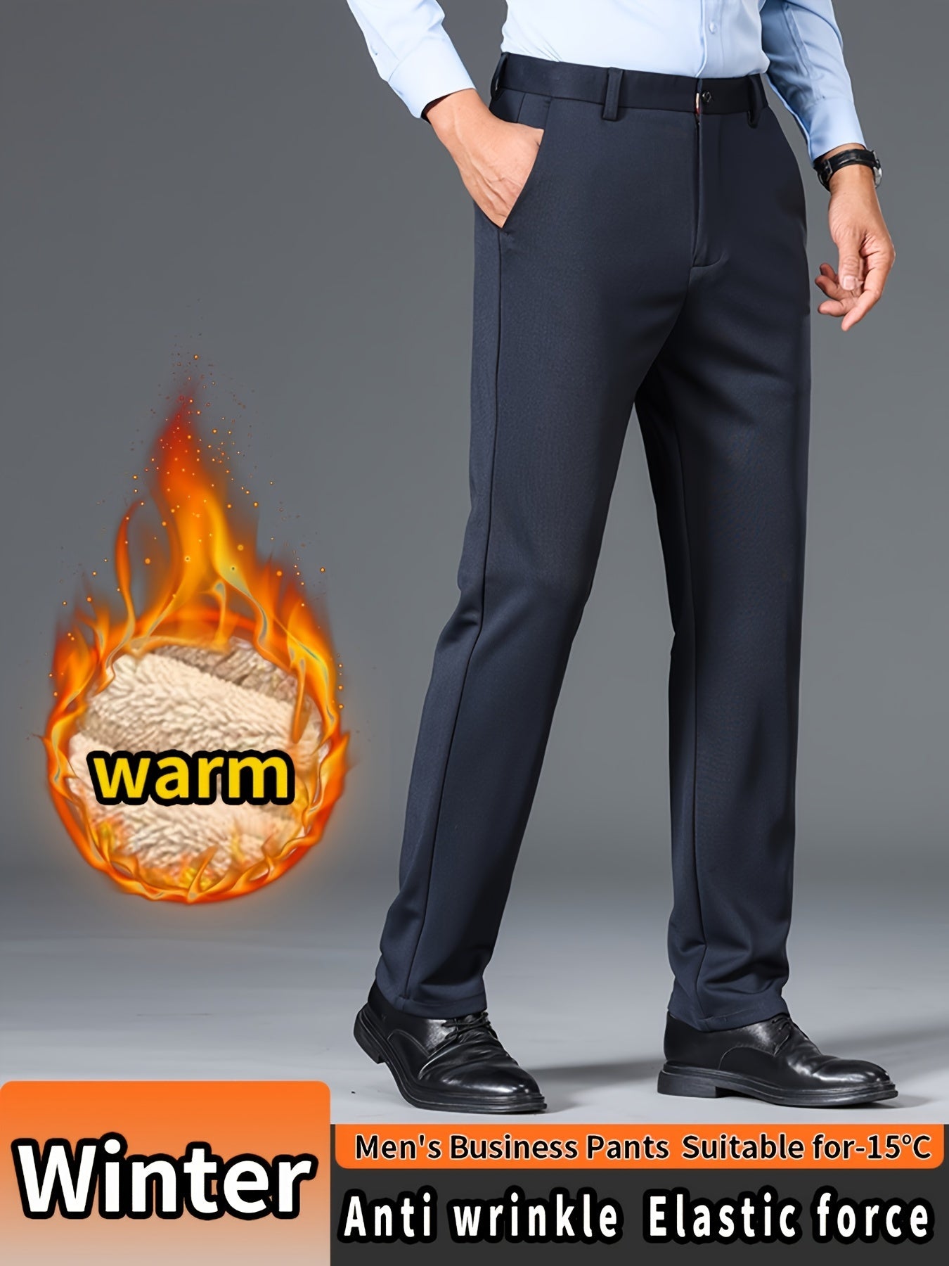 Men'S High Waist Solid Color Straight Leg Business Pants with Pocket Details, Polyester and Elastane Blend with Viscose Lining, Elastic Stretch, Zipper Fly Closure, Suitable for Fall/Winter Workwear
